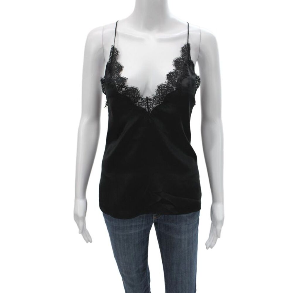 Cami Womens Silk Lace V-Neck Sleeveless Pajama Top Black Size S